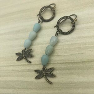 Handmade Brass Amazonite Dragonfly Earrings 3 In French Hooks Boho Dangle Gifts